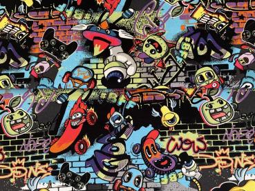 Baumwolljersey mit Graffiti Art Motiven auf Schwarz
